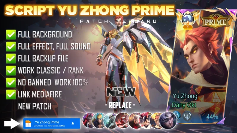 Script Skin Yu Zhong Prime Cosmic Dragon No Password MediaFire | Full Effect Voice | Patch Terbaru