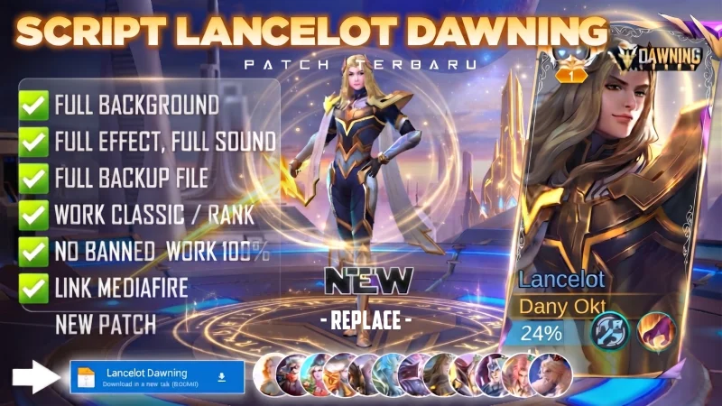 Script Skin Lancelot Dawning Stars Swordmaster No Password MediaFire | Full Effect Voice | Patch Terbaru