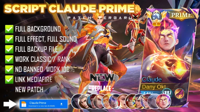 Script Skin Claude Prime Cosmic Blaze No Password MediaFire | Full Effect Voice | Patch Terbaru