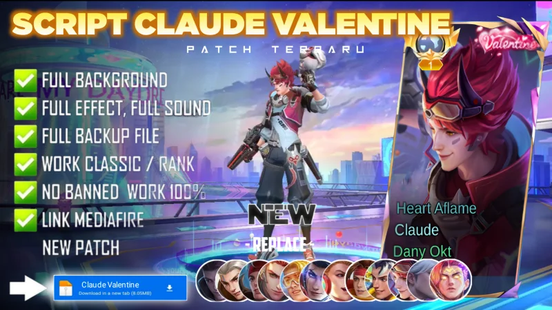 New Update! Script Skin Claude Valentine Heart Aflame No Password Patch Terbaru | Full Effect Voice