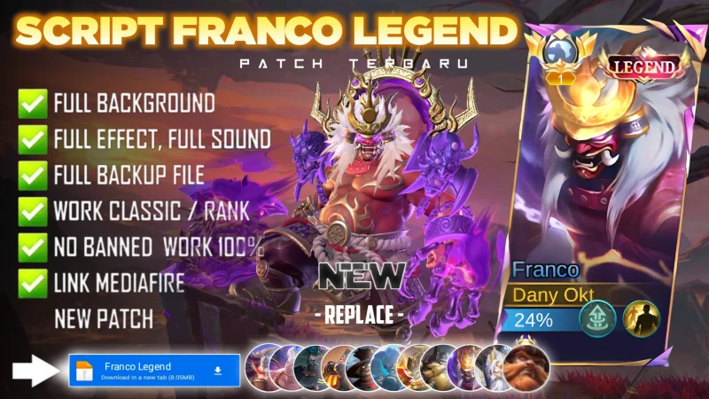 New Update! Script Skin Franco Legend King Of Hell No Password | Patch Terbaru | Full Effect & Voice