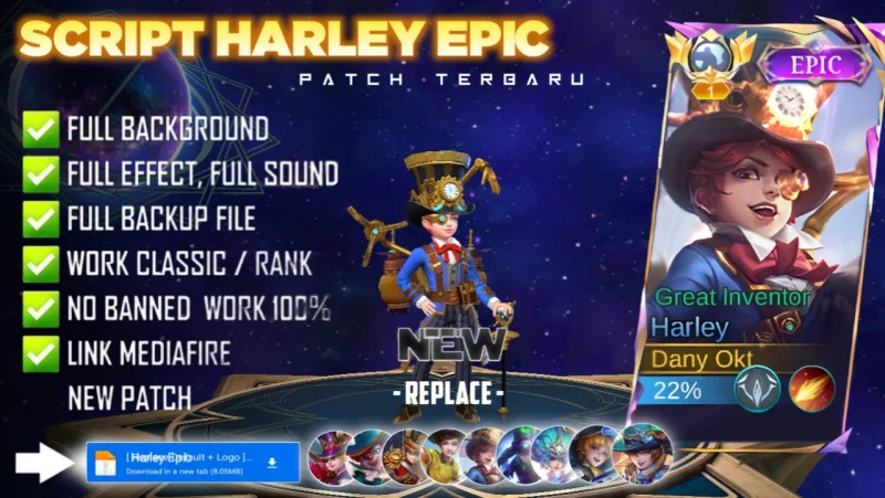 New Update! Script Skin Harley Epic Great Inventor No Password | Patch Terbaru | Full Effect & Voice